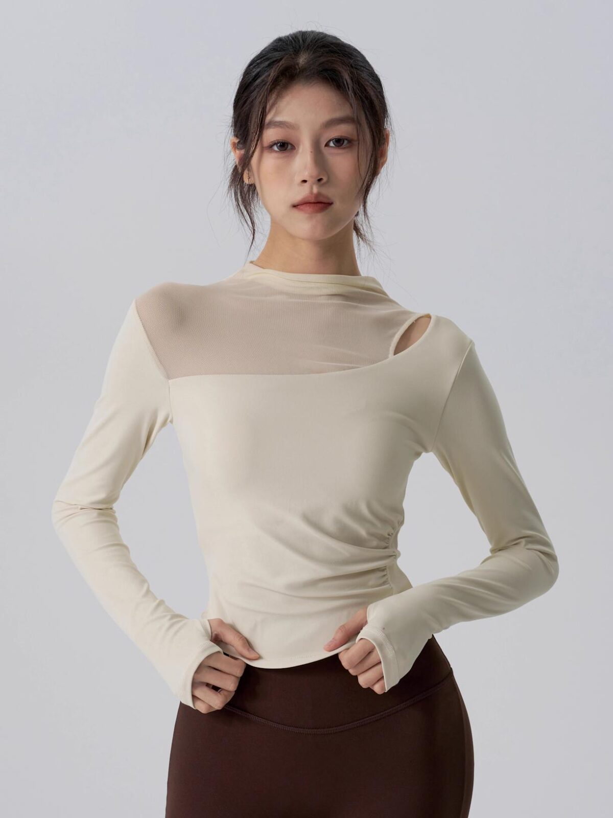 KAYANTY 고급 메시 스포츠 상의 가슴 패드 요가복 긴팔 필라테스 트레이닝 타이트하고 슬림 - 이미지 3