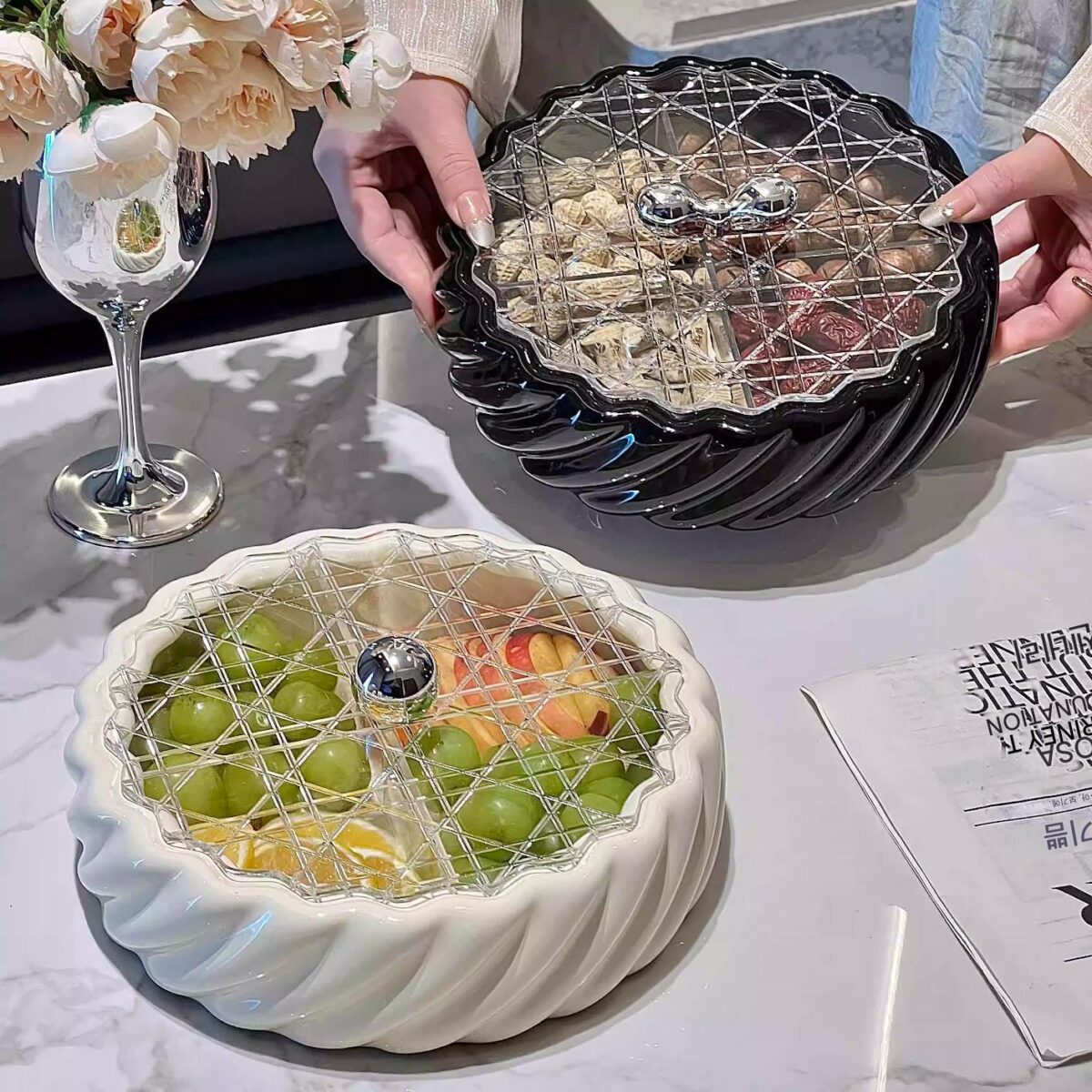 세라믹 밀봉 과일 접시 거실 가정용 커피 테이블 고급 과일 접시 간식 디스플레이 접시 말린 과일 보관 상자 사탕 상자 - 이미지 2